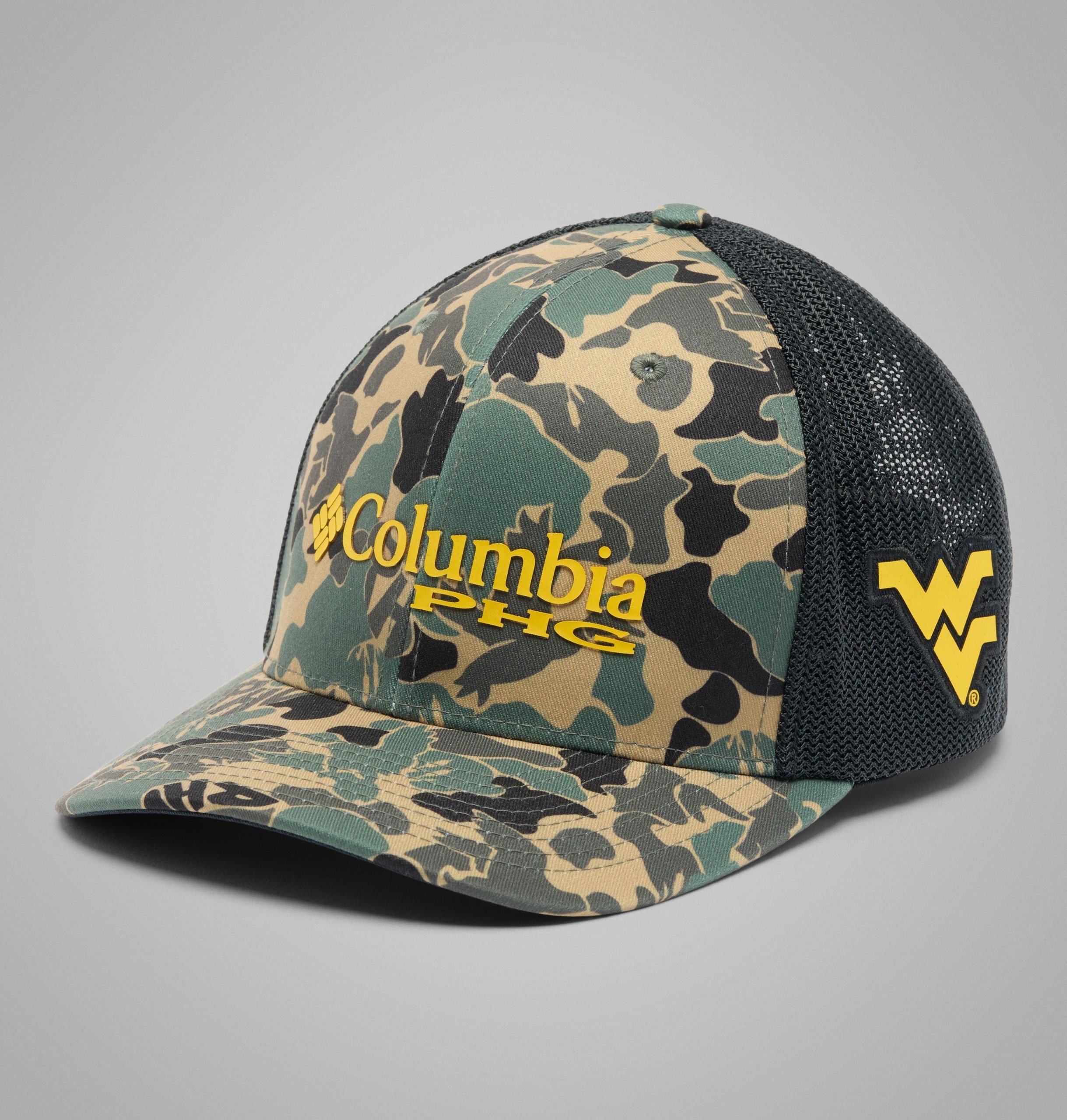phg-college-baseballkappe mit tarnmuster und mesh-einsätzen – west virginia