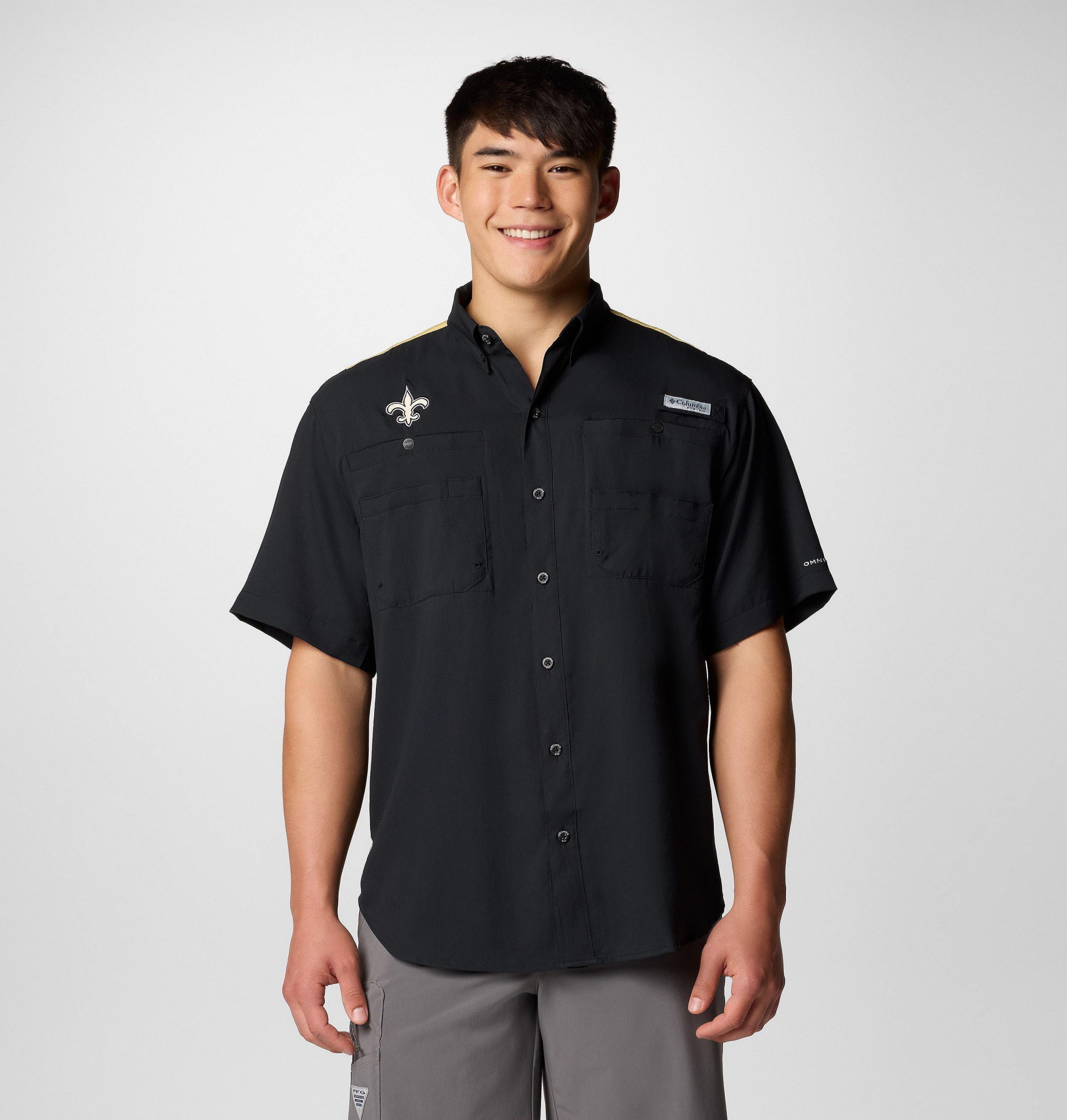 pfg tamiami kurzarm-shirt mit farbblock-design für herren – new orleans saints